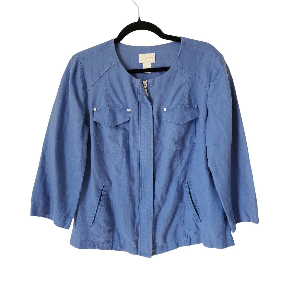 Chico's 1 Blue 100% Linen Jacket Collarless Zip Front‎ 3/4 Sleeve Medium